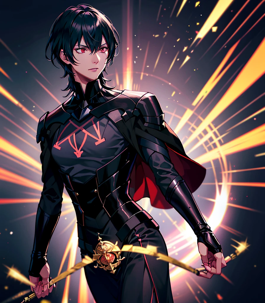 1 person, good looking, expensive, Dark brown skin, Black Hair, Red eyes, Science fiction, Wearing a black military uniform, Completely isolated on a pitch black background, High resolution, Super sharp, 8K, masterpiece, View your viewers, High resolution, Sharp focus, Absurd, Bokeh,Upper Body,Byleth