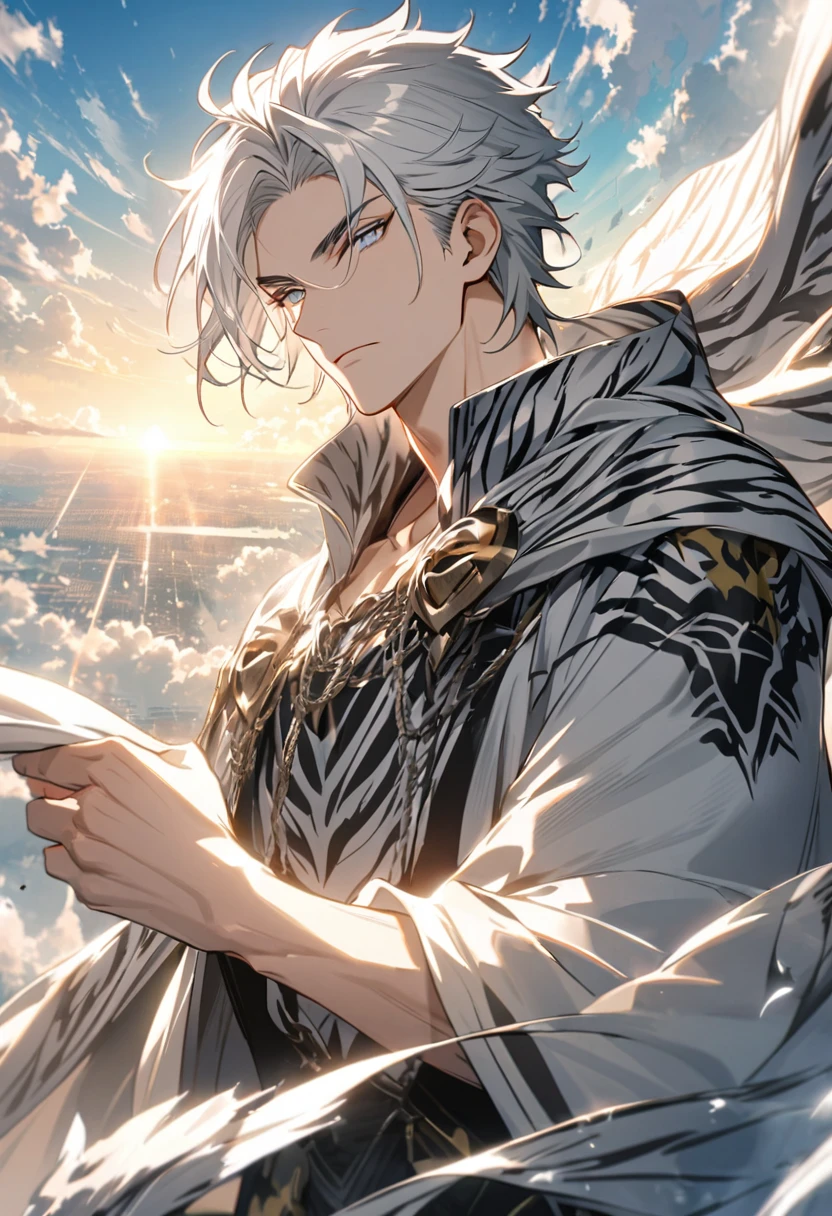 male, silver cloak, silver hair, parted bang, silver eyes, heaven, sky tiger, handsome, justice