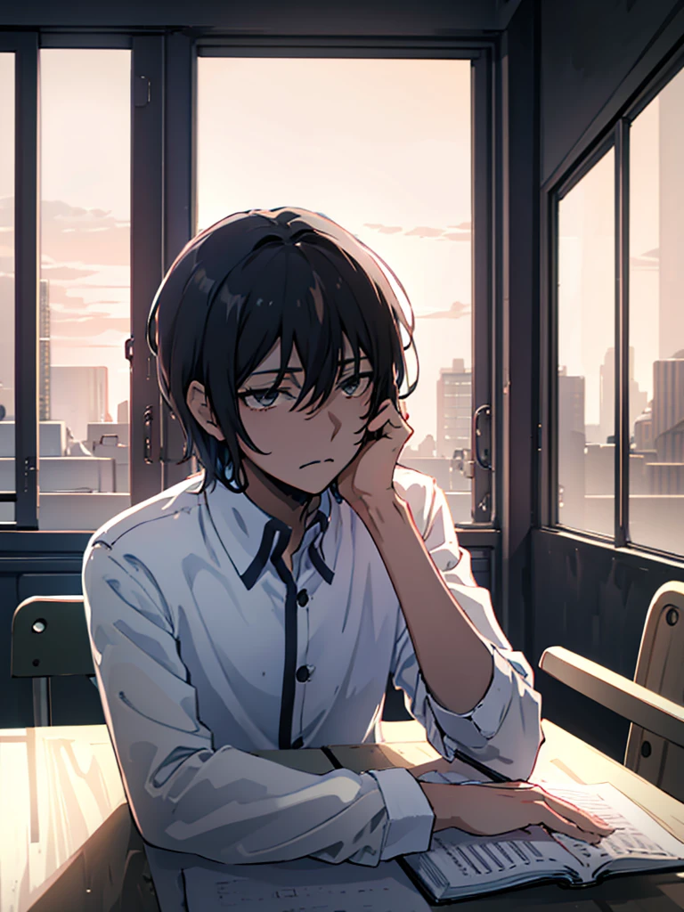 ((best quality)), ((masterpiece)), (detailed), boy, high , uniform, bored look, blank look, disinterested look, resting on desk, school chair, empty classroom, black hair, black eyes, sketch, alone, short hair. half body, face, gloomy, dark eyes, manga, light novel, illustration, solo.