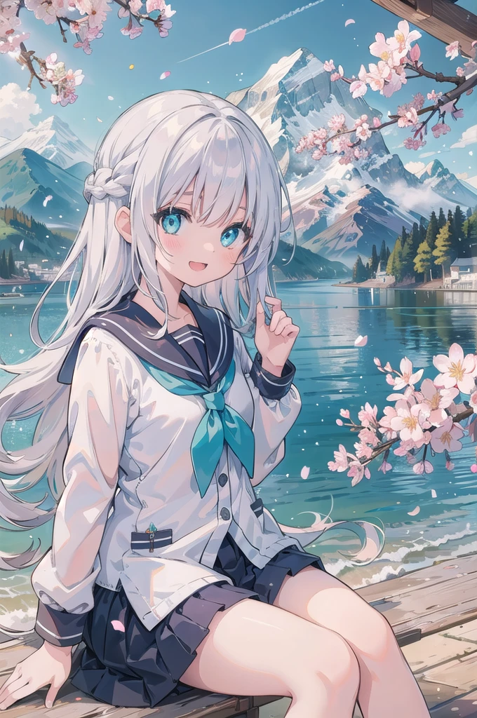 (masterpiece),  scenery,  mountainous horizon,  cherry blossoms,  petals,  light particles,  upper body,  1girl,  sailor,  wavy hair,  floating hair,  smile,  sitting,  open mouth,  light particles,  silver hair,  aqua eyes,  looking at viewer,  face focus