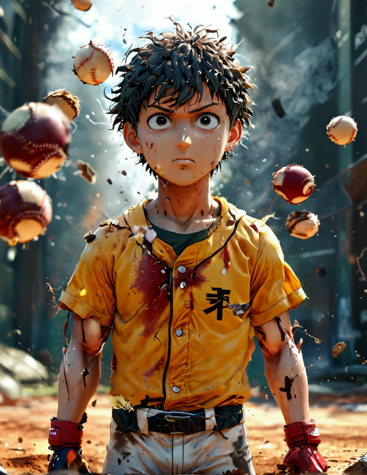 One Punch Man, Saitama, dressed in a baseball player outfit looking stunned and confused, badly damaged baseball bat in his hand, exploded baseball remains fall to the ground