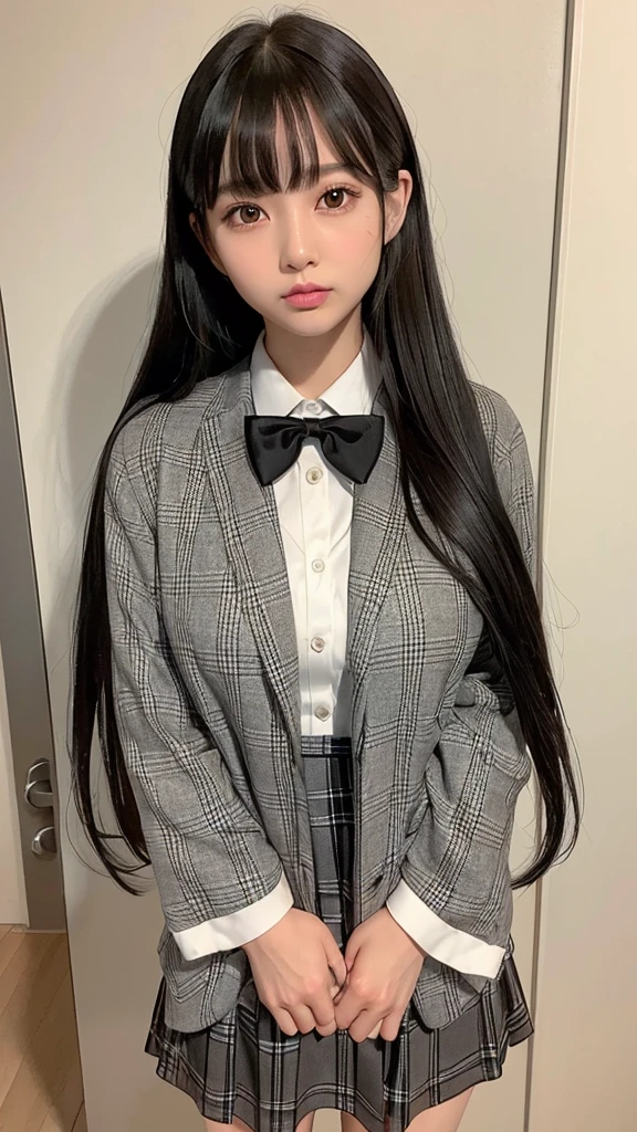 Black Hair、Brown eyes、beautiful girl、Gal、She has her bangs down、long hair、Long eyelashes、Big Eyes、A bow tie、Wearing a see-through jacket、Grey checked mini skirt、Cleavage、tits、whole body、Great thighs、Beautiful legs、Beautiful abs、Slimy skin、Oily skin、White skin、Light reflecting skin、Glossy finish、Realistic details、Perfect body
