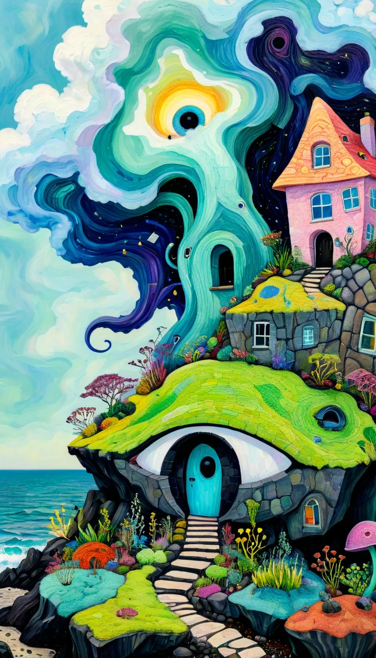 Holly Warburton Style,Concave and convex texture,Oil pastel strokes:Lonely house on the rockery, character silhouette,Eye,A cloud tentacle、Eye、diatom,Abstract mosaic painting,Describing the inner world of a depressed person,Strong sense of loneliness,Depressing atmosphere,Sense of space,Psychedelic Art,Low-key color matching