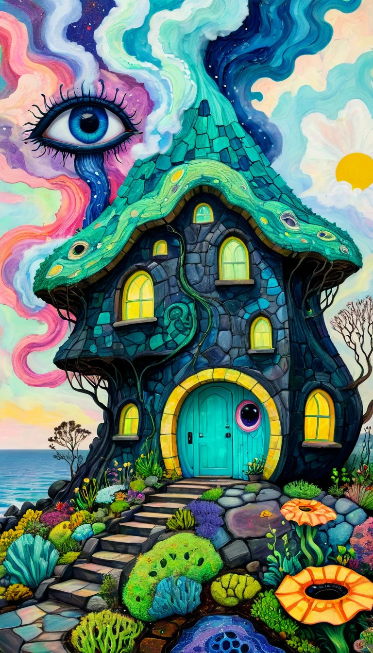 Holly Warburton Style,Concave and convex texture,Oil pastel strokes:Lonely house on the rockery, character silhouette,Eye,A cloud tentacle、Eye、diatom,Abstract mosaic painting,Describing the inner world of a depressed person,Strong sense of loneliness,Depressing atmosphere,Sense of space,Psychedelic Art,Low-key color matching