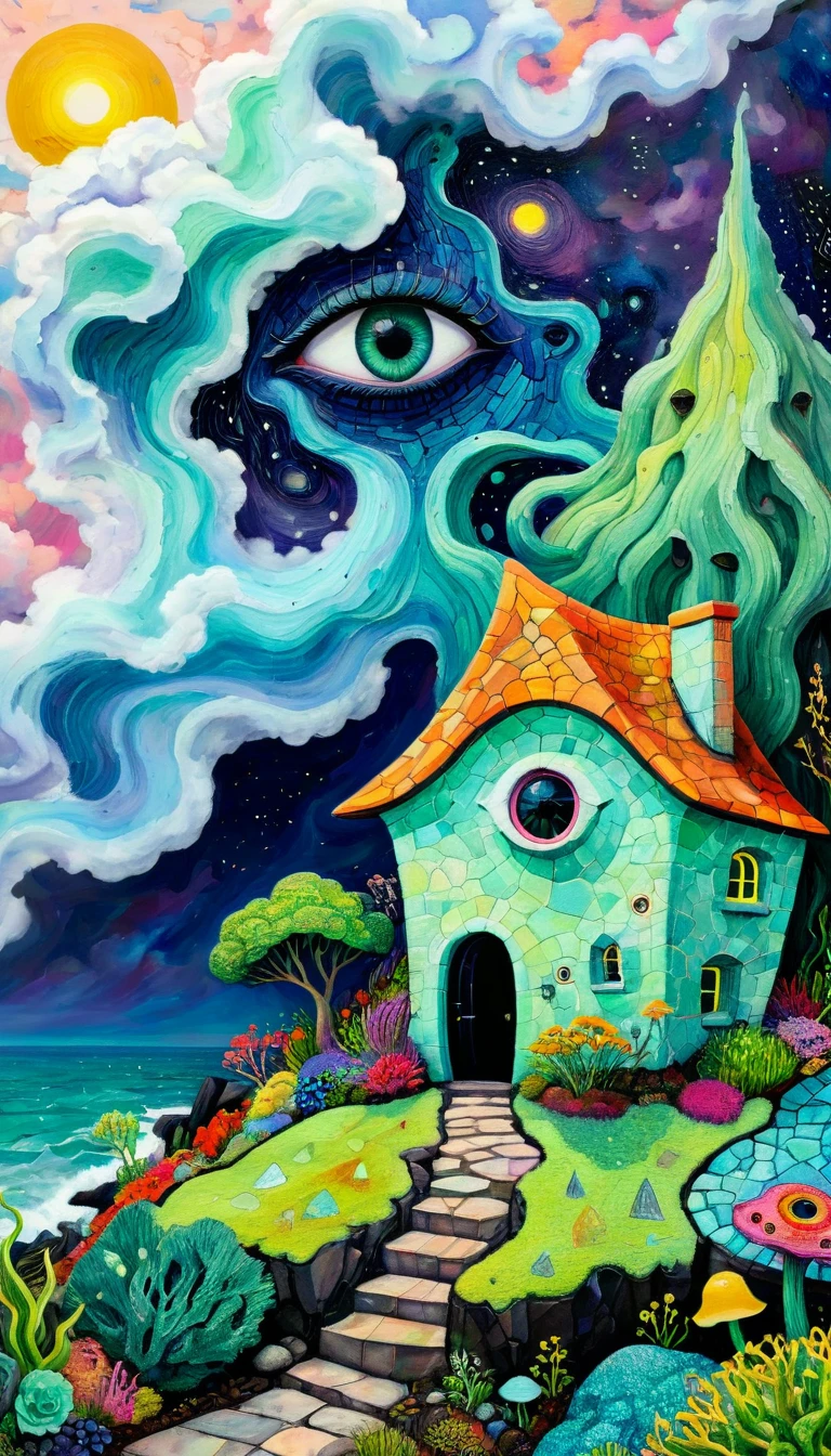 Holly Warburton Style,Concave and convex texture,Oil pastel strokes:Lonely house on the rockery, character silhouette,Eye,A cloud tentacle、Eye、diatom,Abstract mosaic painting,Describing the inner world of a depressed person,Strong sense of loneliness,Depressing atmosphere,Sense of space,Psychedelic Art,Low-key color matching