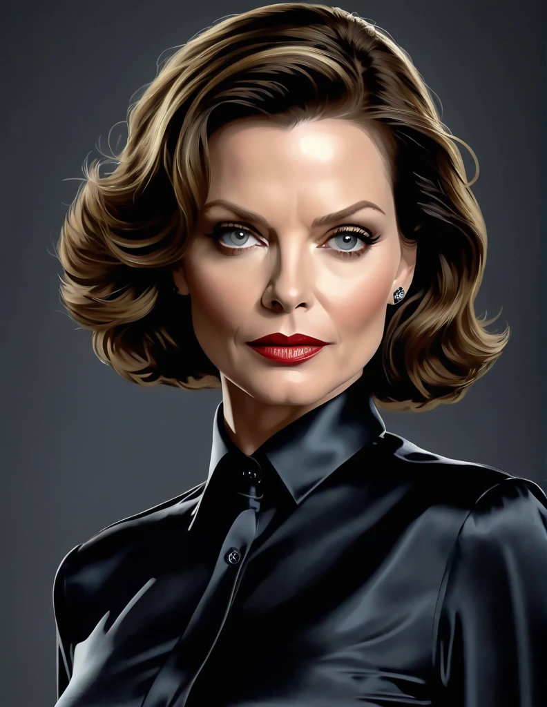 1 woman, [Anne Hathaway:Michelle Pfeiffer:0.4] as Selina Kyle,(Close up Head Shot) exudes beauty with her radiant, smooth skin. Her strong, serious demeanor and confident stance convey an air of convincing allure. This captivating portrait is rendered in 4k high-resolution, ensuring every detail is displayed in the best quality. The illustration showcases Selina's determined expression, captivating the viewer's attention with its intricately detailed features.black satin shirt