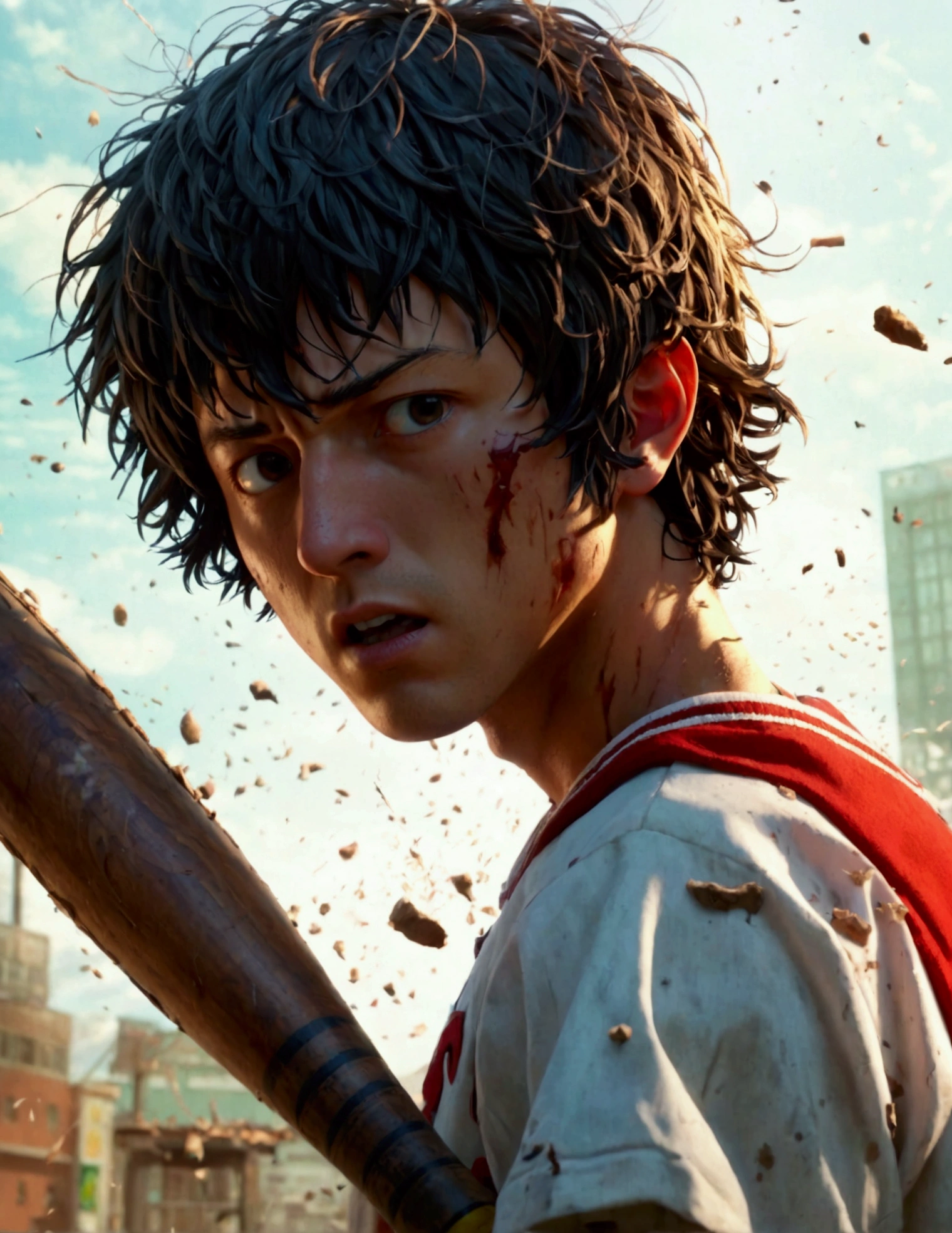 One Punch Man, Saitama, baseball player outfit, stunned and confused expression, badly damaged baseball bat, exploded baseball remains, highly detailed, photorealistic, 8k, masterpiece, studio lighting, hyperrealistic, dynamic composition, dramatic lighting, rich colors, vibrant colors, cinematic atmosphere