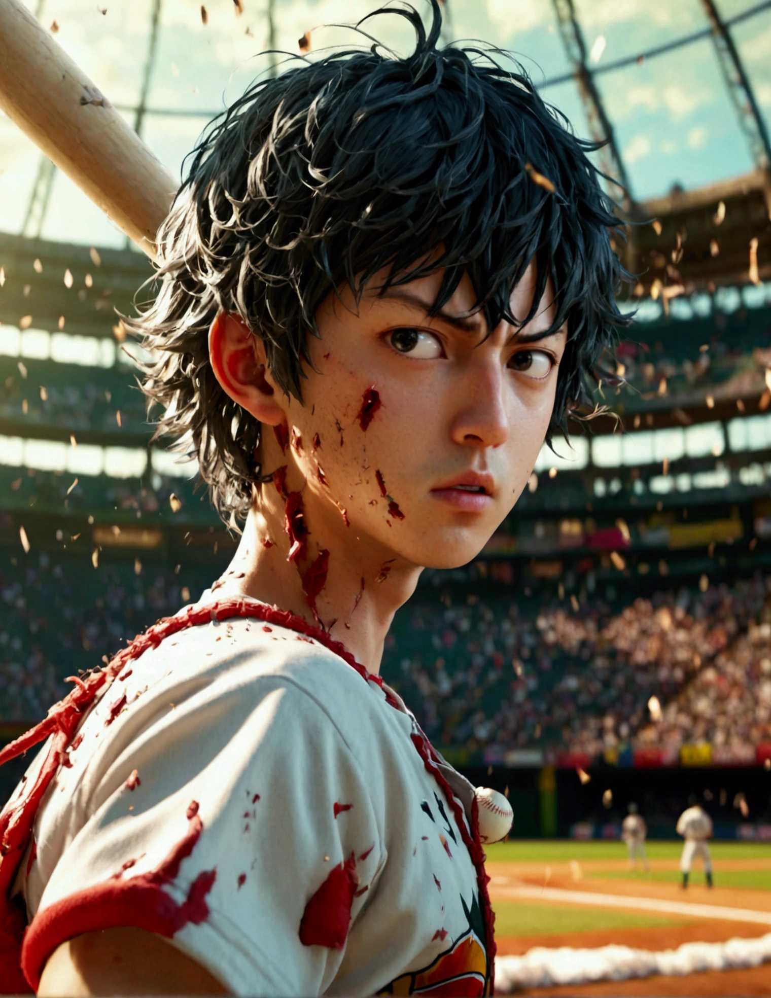 One Punch Man, Saitama, baseball player outfit, stunned and confused expression, badly damaged baseball bat, exploded baseball remains, highly detailed, photorealistic, 8k, masterpiece, studio lighting, hyperrealistic, dynamic composition, dramatic lighting, rich colors, vibrant colors, cinematic atmosphere