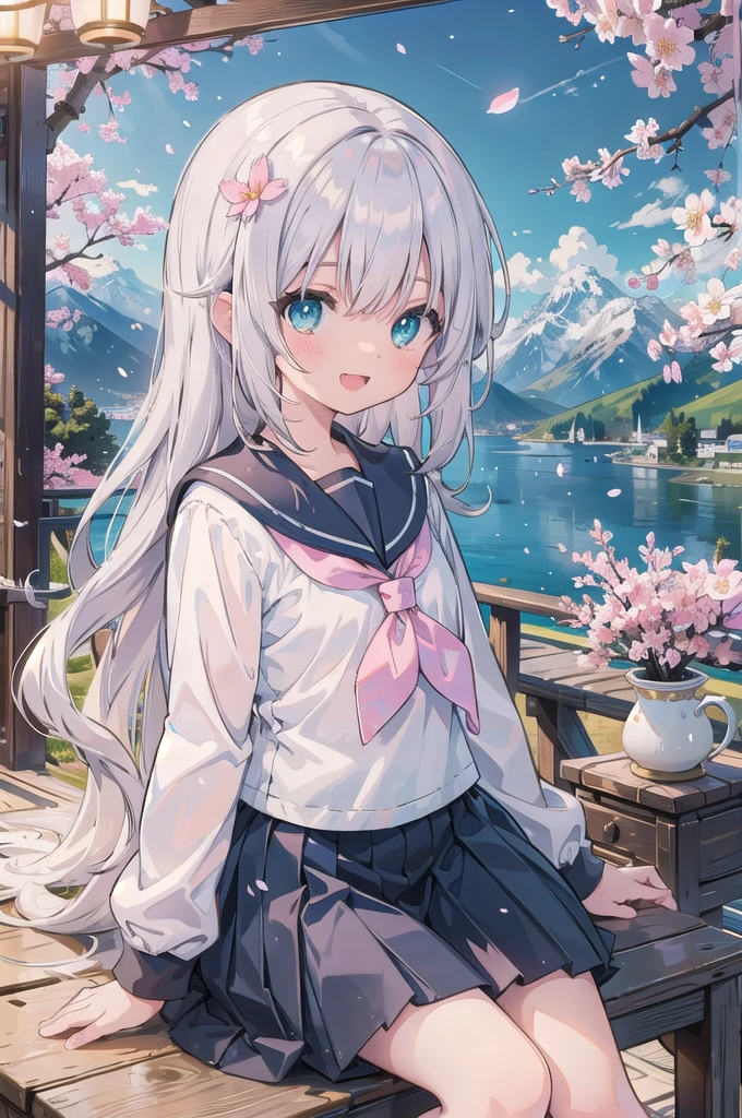 (masterpiece), scenery, mountainous horizon, cherry blossoms, petals, light particles, upper body, 1girl, sailor, wavy hair, floating hair, smile, sitting, open mouth, light particles, silver hair, aqua eyes, looking at viewer, face focus