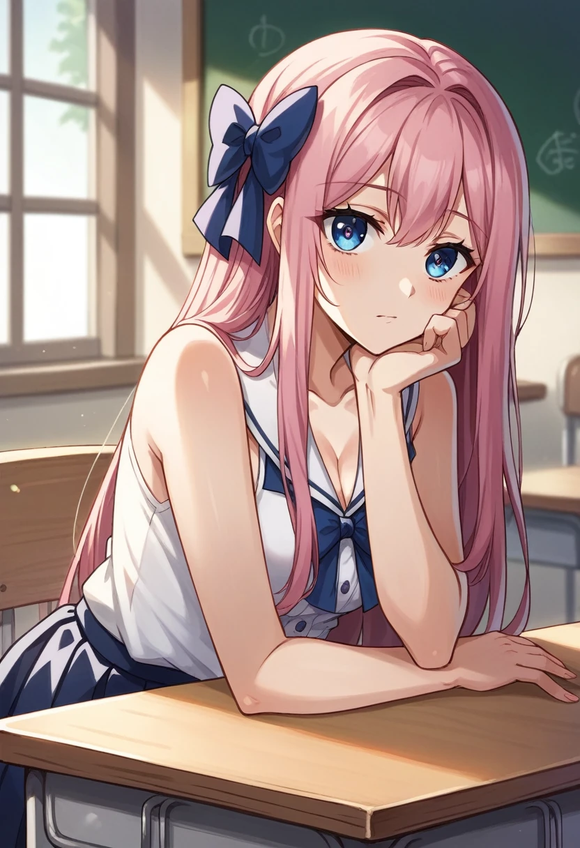 Yuokahara Village, Notaka Haramura, blue eyes, hair bow, Long hair, Pink Hair, bow,
rest blue skirt, Clear and short , Pleated Skirt, , Seraph, Short skirt, blue, naked , 
rest looking at viewer,
rest indoors, classroom,
rest (masterpiece:1.2), best quality, high resolution, Unity 8K wallpaper, (illustration:0.8), (Beautiful and delicate eyes:1.6), Extremely detailed face, Perfect lighting, Extremely detailed CG, (Perfect hands, Perfect anatomical structure),