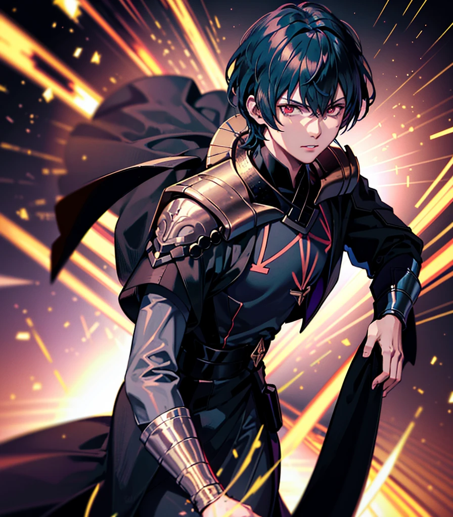 1 person, good looking, expensive, Dark brown skin, Black Hair, Red eyes, Science fiction, Wearing a black military uniform, Completely isolated on a pitch black background, High resolution, Super sharp, 8K, masterpiece, View your viewers, High resolution, Sharp focus, Absurd, Bokeh,Upper Body,Byleth