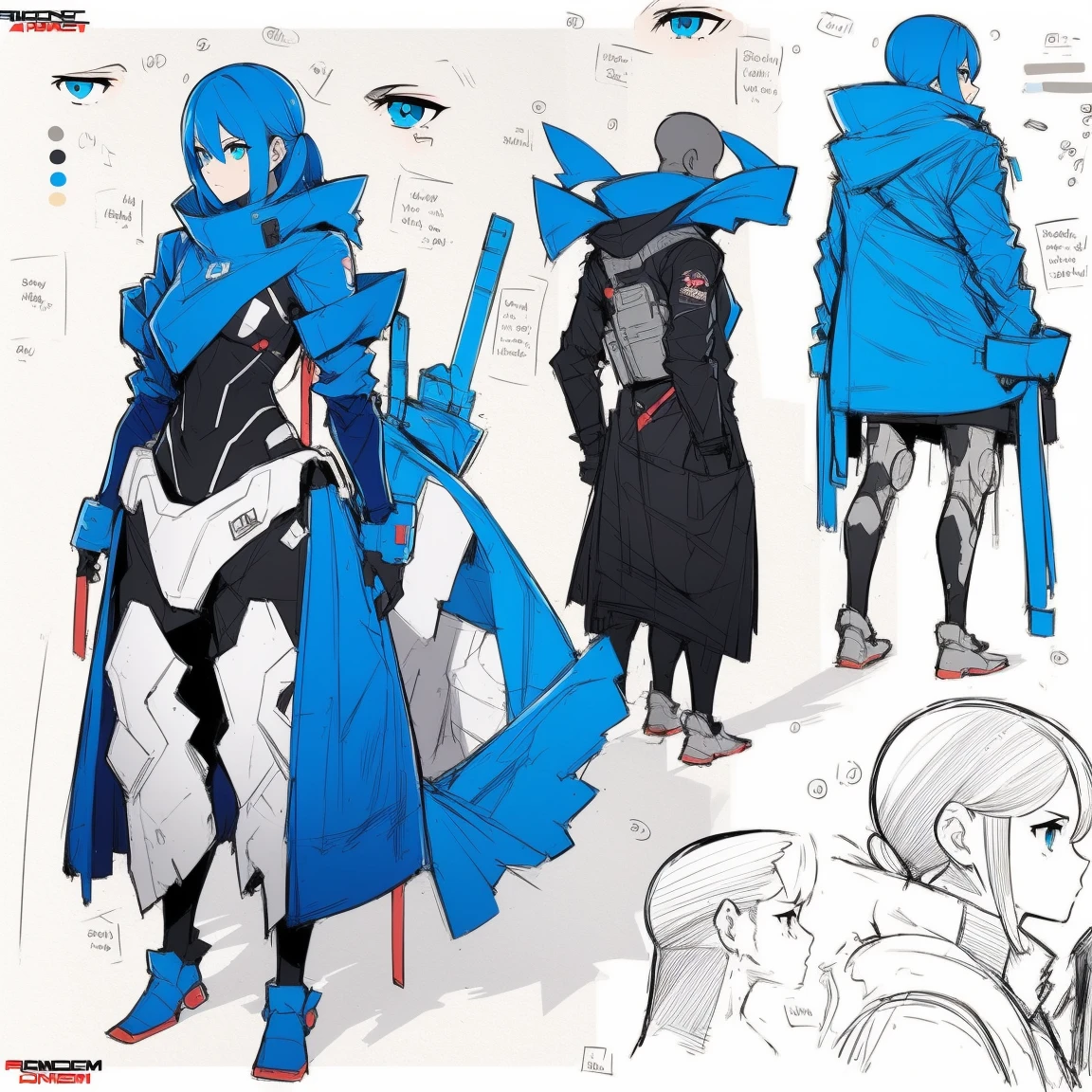 (((full body photo))), red blue and white color, robot, femboy wearing a lightly armored jumpsuit, science fiction themes, chest armor, Gundam, best quality, official art, Sketch line diagram, blue eye, front view, view rear, and side view of the character, Long hair
