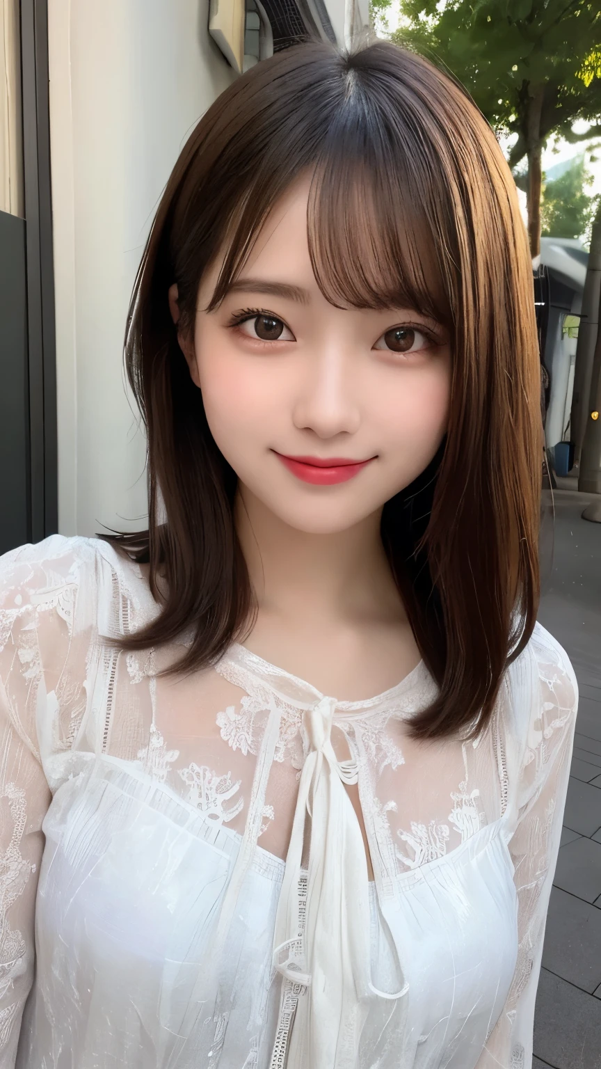 masterpiece, best quality, illustration, ultra-detailed, finely detailed, high resolution, 8K wallpaper, perfect dynamic composition, beautiful detailed eyes, summer blouse setup clothes, medium hair, small breasts, natural color lips, bold sexy poses, smile, Harajuku, 18 years old girl, cute, sexy shot, looking at camera