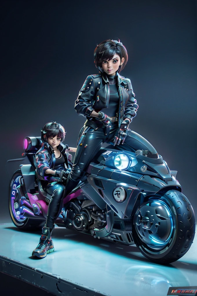 (masterpiece, best quality), female character sitting on a stationary motorcycle, cyberpunk style, leather jacket, Baggypants, short hair with vibrant highlights, confident expression, detailed futuristic motorcycle, neon accents, sleek design, high-tech elements.,