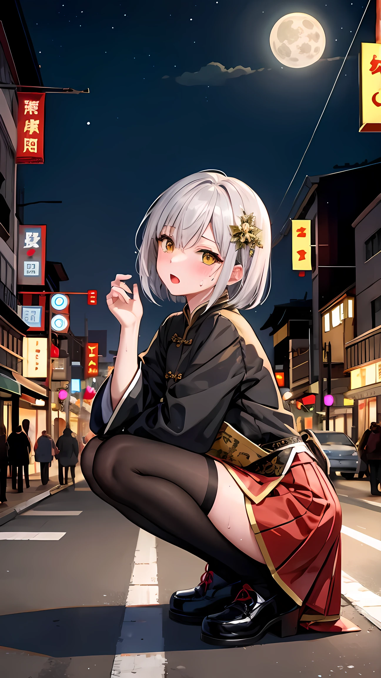 young girl , short silver bob hair, hair flower, sharp bangs between the eyes, yellow  eyes, eyes large, provocative look, obscene expression, notable physical features, traditional chinese imperial clothes black with gold details, red skirt, black thigh high socks., half-sided angle, crouched in the street. japanese city, outdoor city, city at night, with full moon in the background, light reflecting on the sexy and sweaty body. (((sweat))) (work of art:1.2,) (best qualityer.)