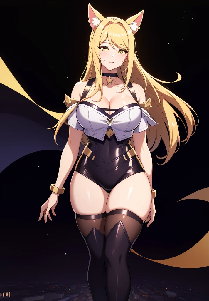 ((masterpiece)), (best quality:1.7), (detailed:1.4), (high res:1.4), 8k, (colorful:1.5), 2d, high resolution, sharped image, 4k, hd, kda_ahri_league, 1girl, (((solo))), (((blonde hair))), yellow eyes, long hair, upper body, cleavage, ((curvy body)), medium breasts, headset, choker, thighhighs, black thighhighs, animal ears, fox ears, jewelry, bare shoulder, short sleeves, white shirt, black short, facial marks, whisker markings, idol, jewelry, bracelet, black boots, ((idol)), night, ((stars)), moon,  city lights, ((modern street)), (((lights))),