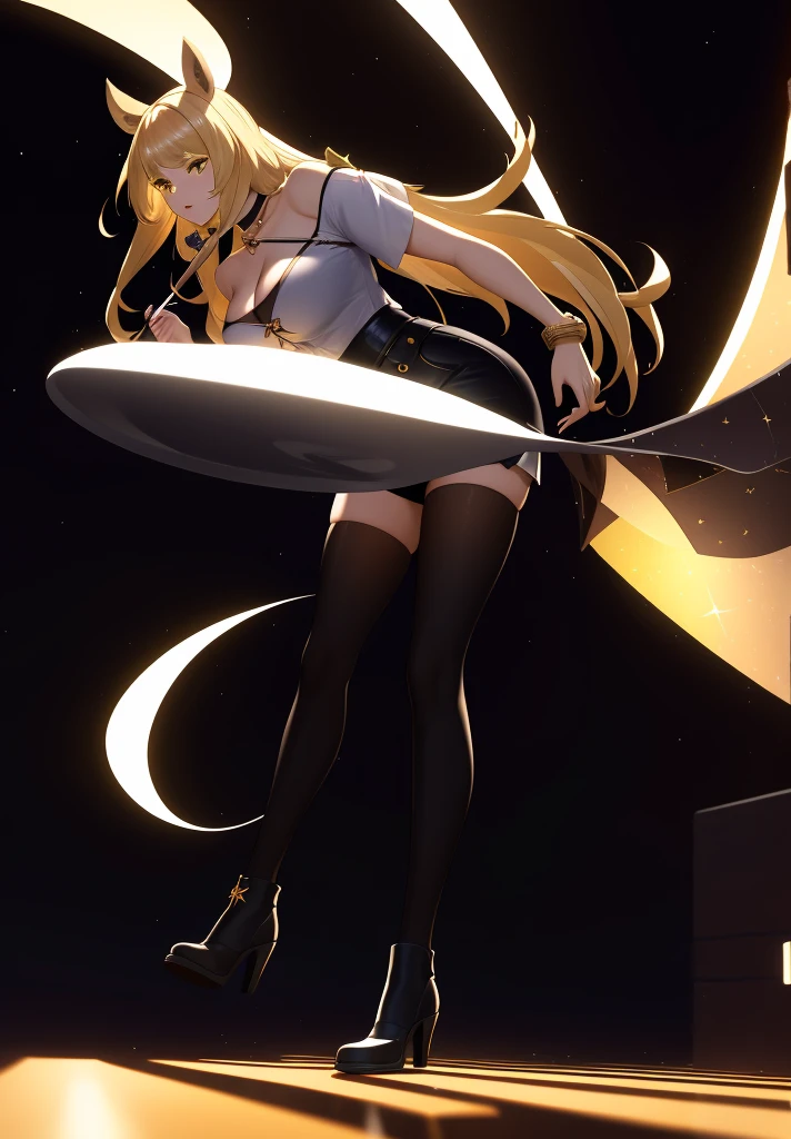 ((masterpiece)), (best quality:1.7), (detailed:1.4), (high res:1.4), 8k, (colorful:1.5), 2d, high resolution, sharped image, 4k, hd, kda_ahri_league, 1girl, (((solo))), (((blonde hair))), yellow eyes, long hair, upper body, cleavage, ((curvy body)), medium breasts, headset, choker, thighhighs, black thighhighs, animal ears, fox ears, jewelry, bare shoulder, short sleeves, white shirt, black short, facial marks, whisker markings, idol, jewelry, bracelet, black boots, ((idol)), night, ((stars)), moon,  city lights, ((modern street)), (((lights))),