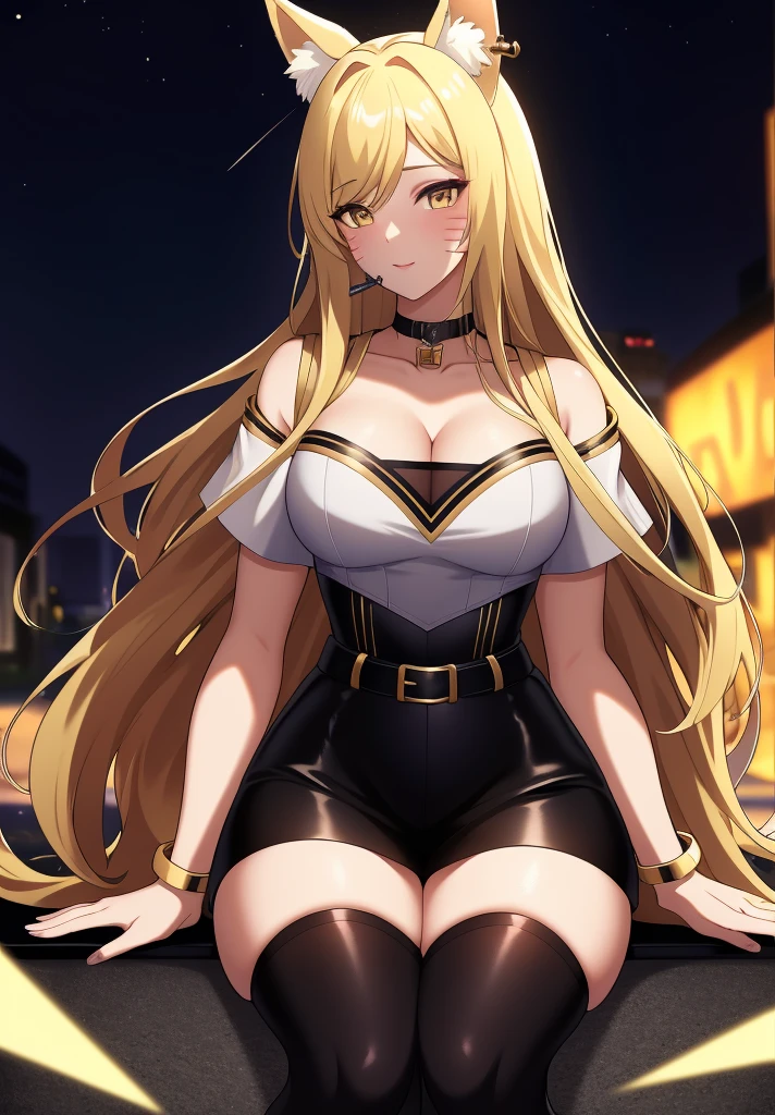 ((masterpiece)), (best quality:1.7), (detailed:1.4), (high res:1.4), 8k, (colorful:1.5), 2d, high resolution, sharped image, 4k, hd, kda_ahri_league, 1girl, (((solo))), (((blonde hair))), yellow eyes, long hair, upper body, cleavage, ((curvy body)), medium breasts, headset, choker, thighhighs, black thighhighs, animal ears, fox ears, jewelry, bare shoulder, short sleeves, white shirt, black short, facial marks, whisker markings, idol, jewelry, bracelet, black boots, ((idol)), night, ((stars)), moon,  city lights, ((modern street)), (((lights))),