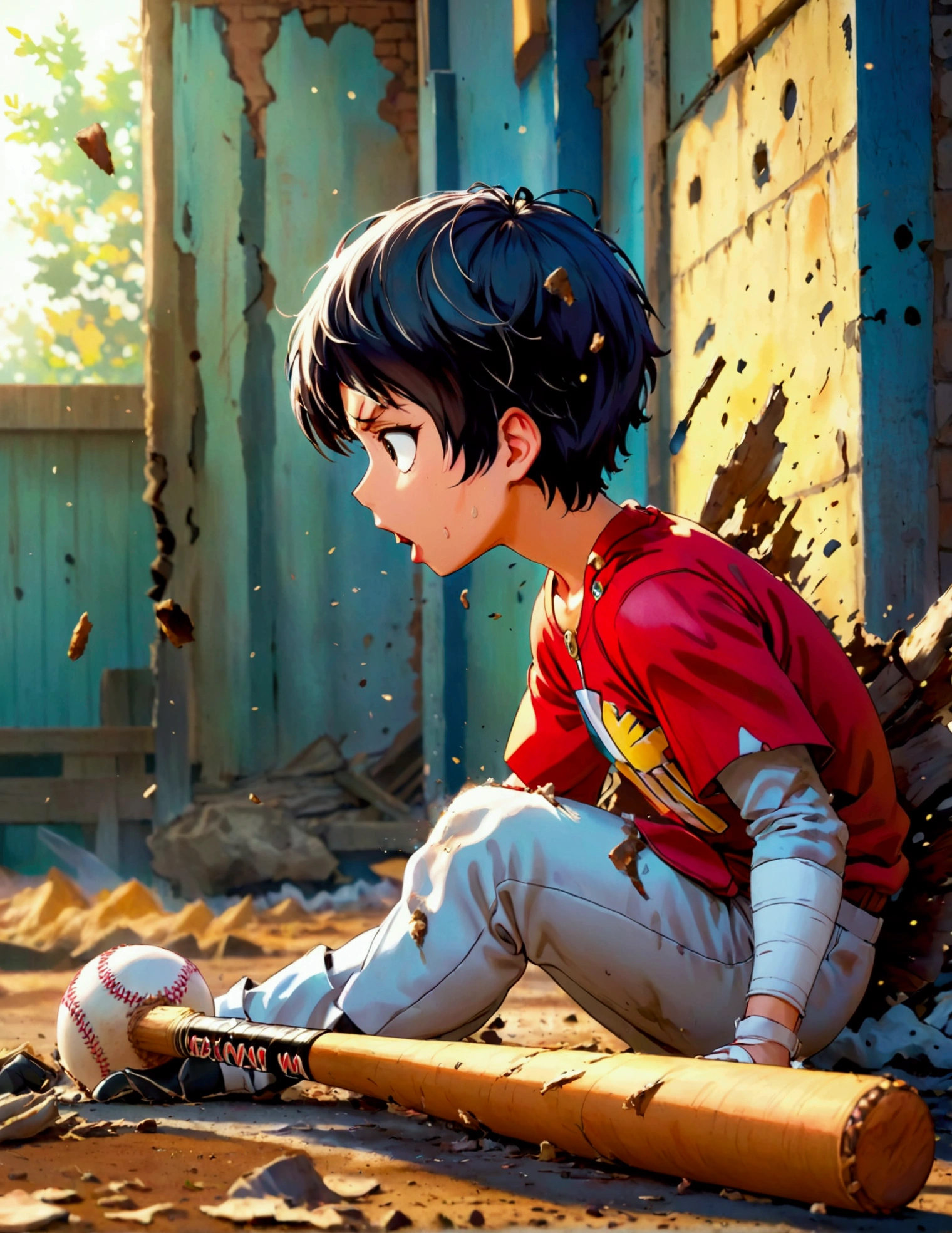 One Punch Man, Saitama, dressed in a baseball player outfit looking stunned and confused, badly damaged baseball bat in his hand, exploded baseball remains fall to the ground