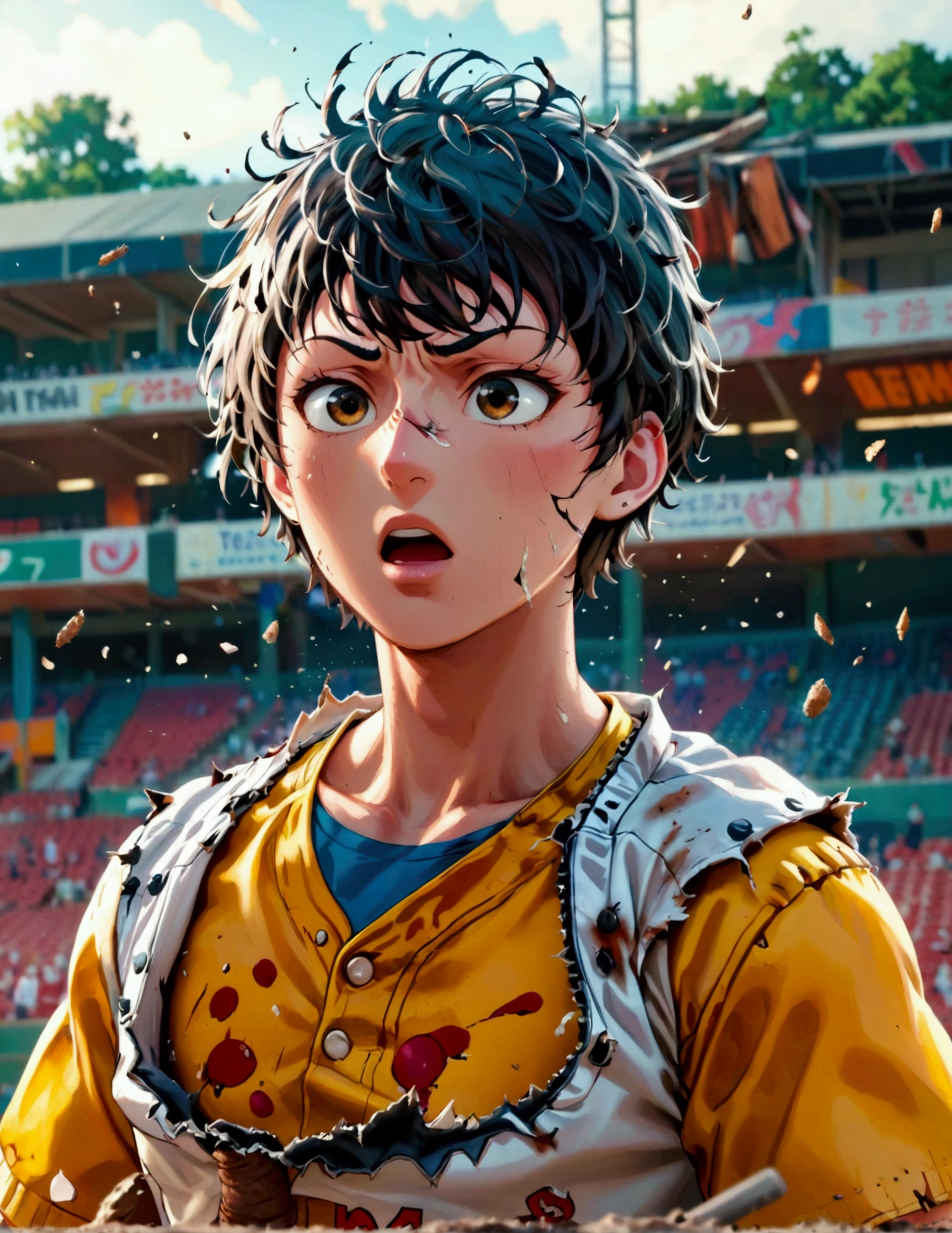 One Punch Man, Saitama, dressed in a baseball player outfit looking stunned and confused, badly damaged baseball bat in his hand, exploded baseball remains fall to the ground