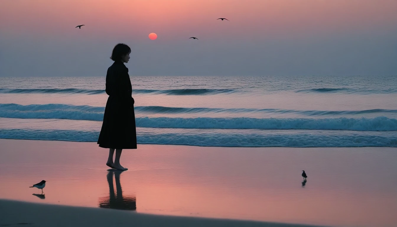 8K, Vivid picture quality, long deserted beach, A woman with short hair walking from afar, Black trench coat, red light of sunset, sunset, alone, afternoon, depressed, birds가 밀려온다, ocean, birds, wind, short korean girl, 잔잔한 birds, bare foot,  bare foo