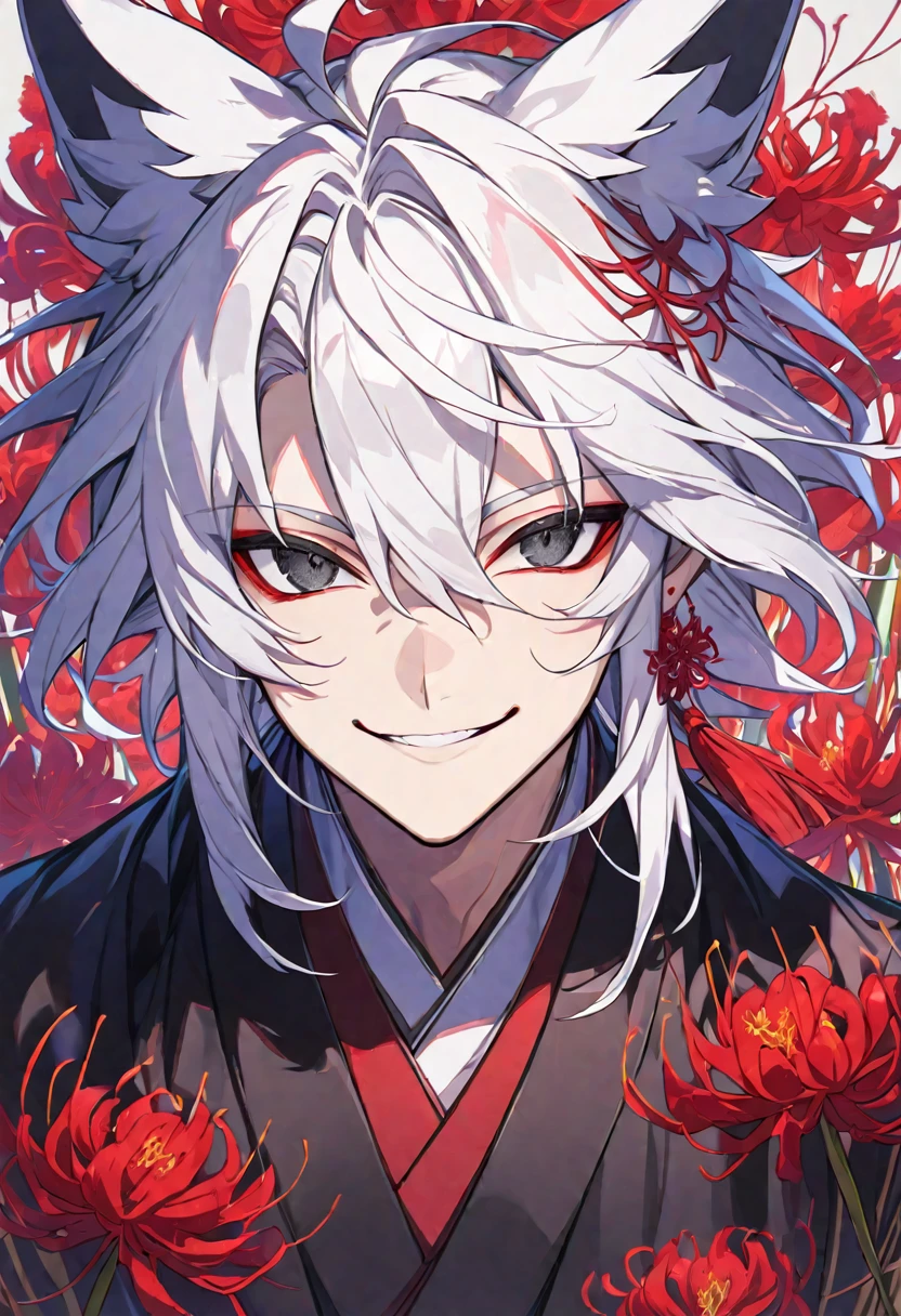 Solo, 1 male, white hair, black eyes, black kimono, fox ears, smile facial, red spider lily, higanbana, red tassel earrings