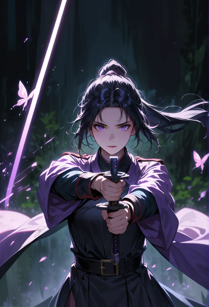 dark atmosphere，dark background，female swordsman in the dark，black hair,ponytail,glowing purple sword，lightsaber,delicate face，Sword in both hands，night，dark，fear，sword focus，Glowing purple butterflies flying in the air,military uniform