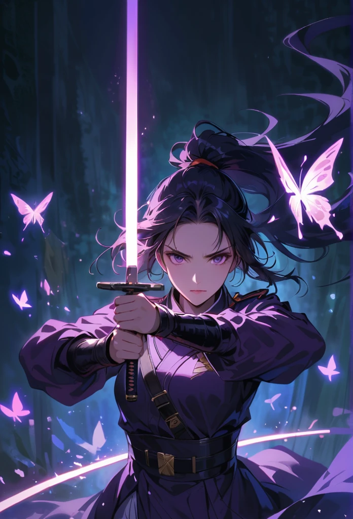 dark atmosphere,dark background,female swordsman in the dark,black hair,ponytail,glowing purple sword,lightsaber,delicate face,Sword in both hands,night,dark,fear,sword focus,Glowing purple butterflies flying in the air,military uniform