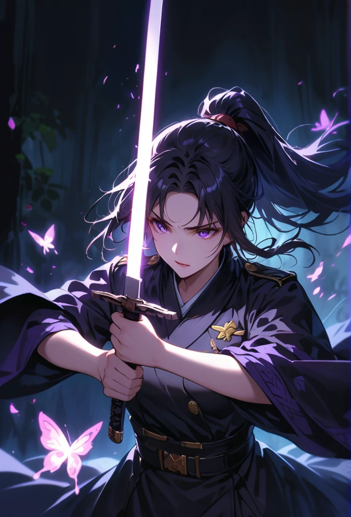 dark atmosphere,dark background,female swordsman in the dark,black hair,ponytail,glowing purple sword,lightsaber,delicate face,Sword in both hands,night,dark,fear,sword focus,Glowing purple butterflies flying in the air,military uniform