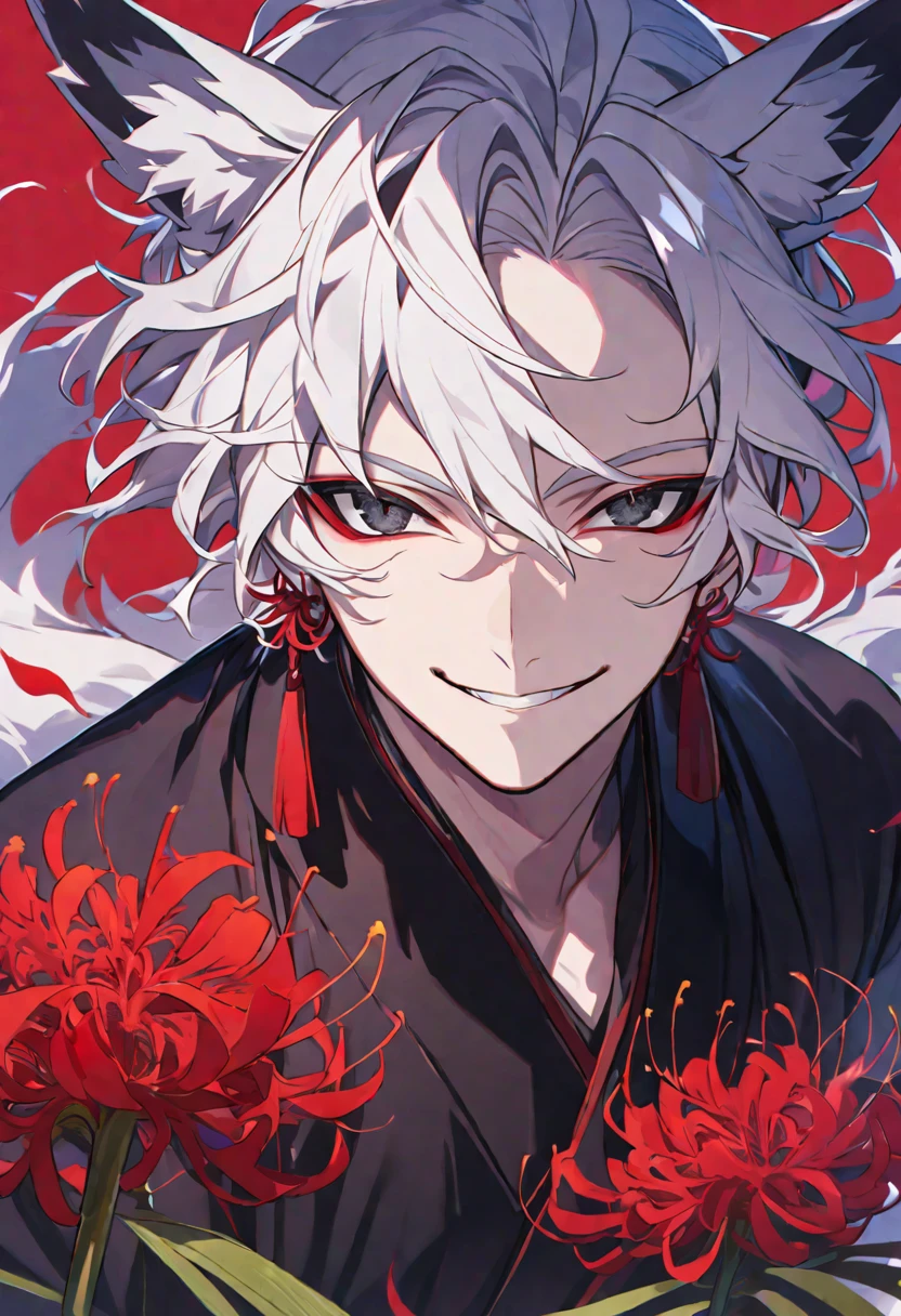 Solo, 1 male, white hair, black eyes, black kimono, fox ears, smile facial, red spider lily, higanbana, red tassel earrings