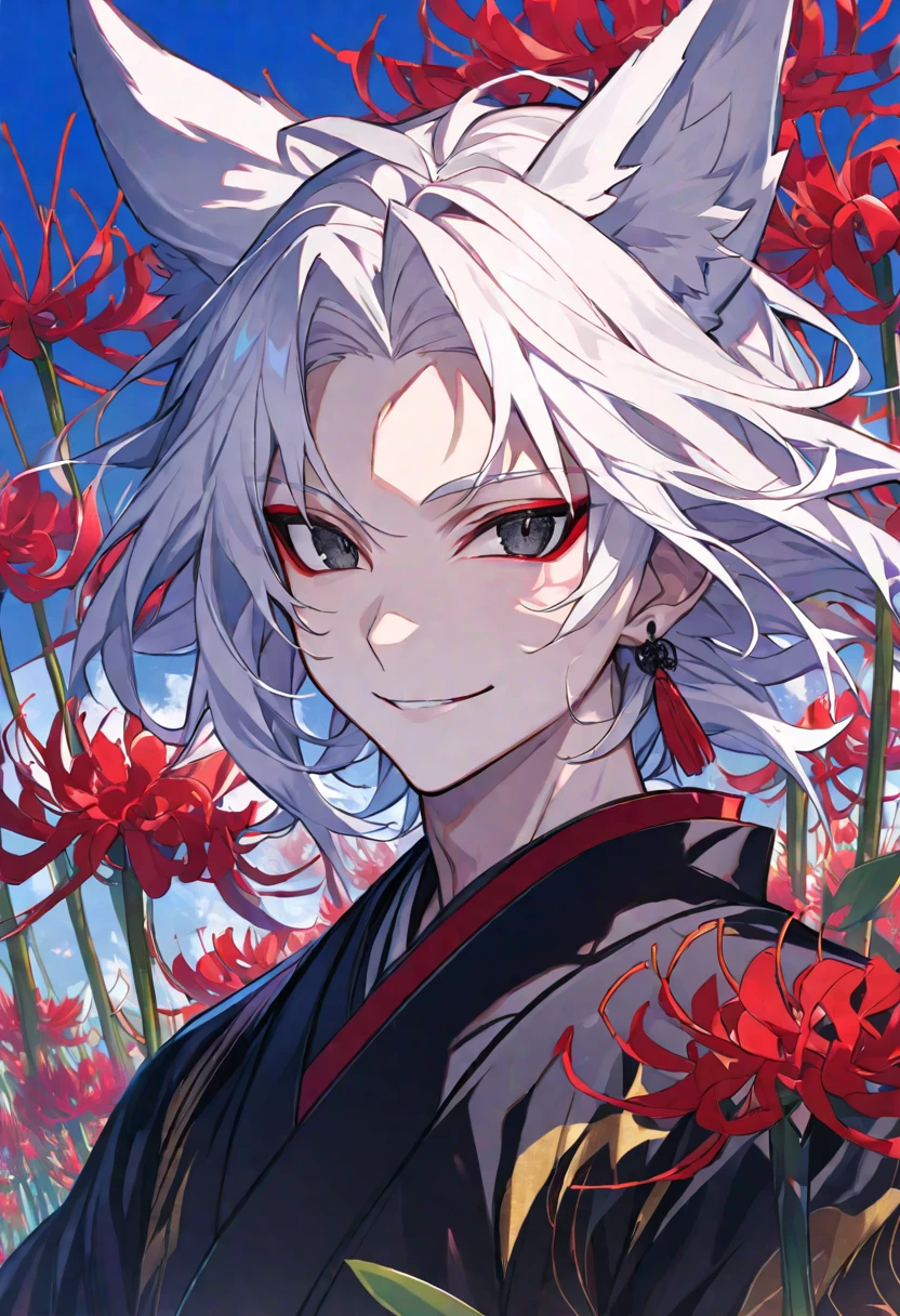 Solo, 1 male, white hair, black eyes, black kimono, fox ears, smile facial, red spider lily, higanbana, red tassel earrings