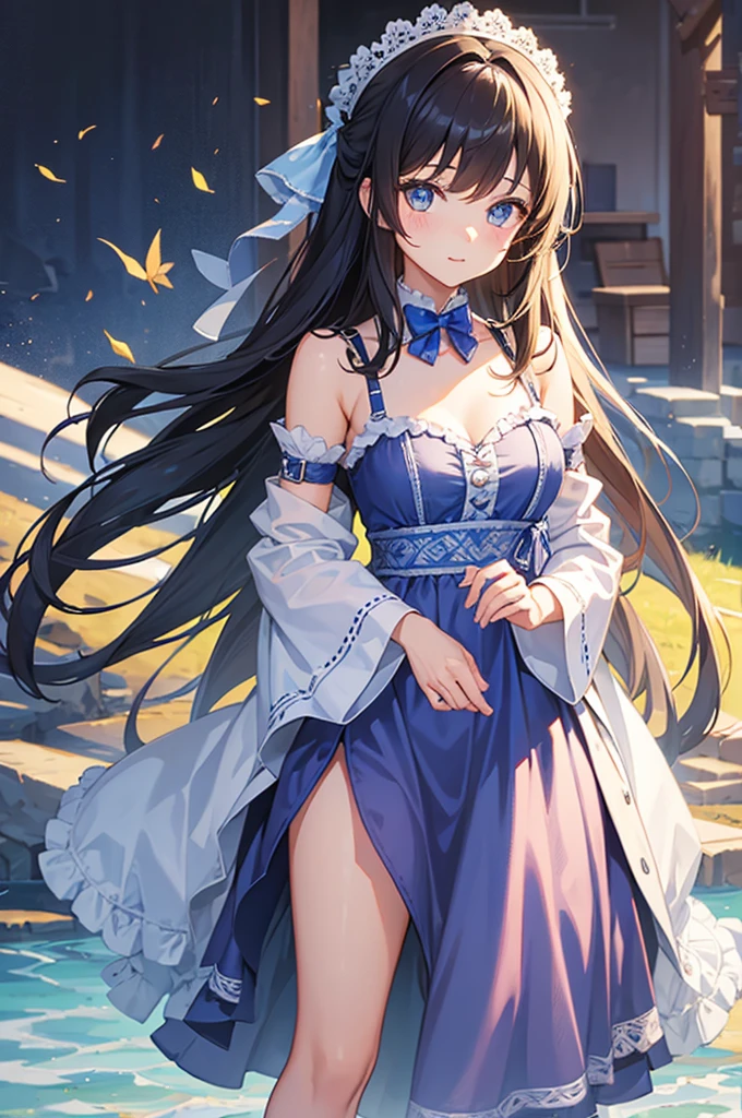 (Best quality,high resolution:1.2),Ultra-detailed, Detailed background,(Flow chrome plating, (Dark layered hair, Shoulder length, Tie with a blue ribbon),(White blouse, Short blue ribbon tie, Blue floral maxi skirt), Petite, Neat, Black eyes, Studious, Warm smile), Scale horizontally, Unique research, vases