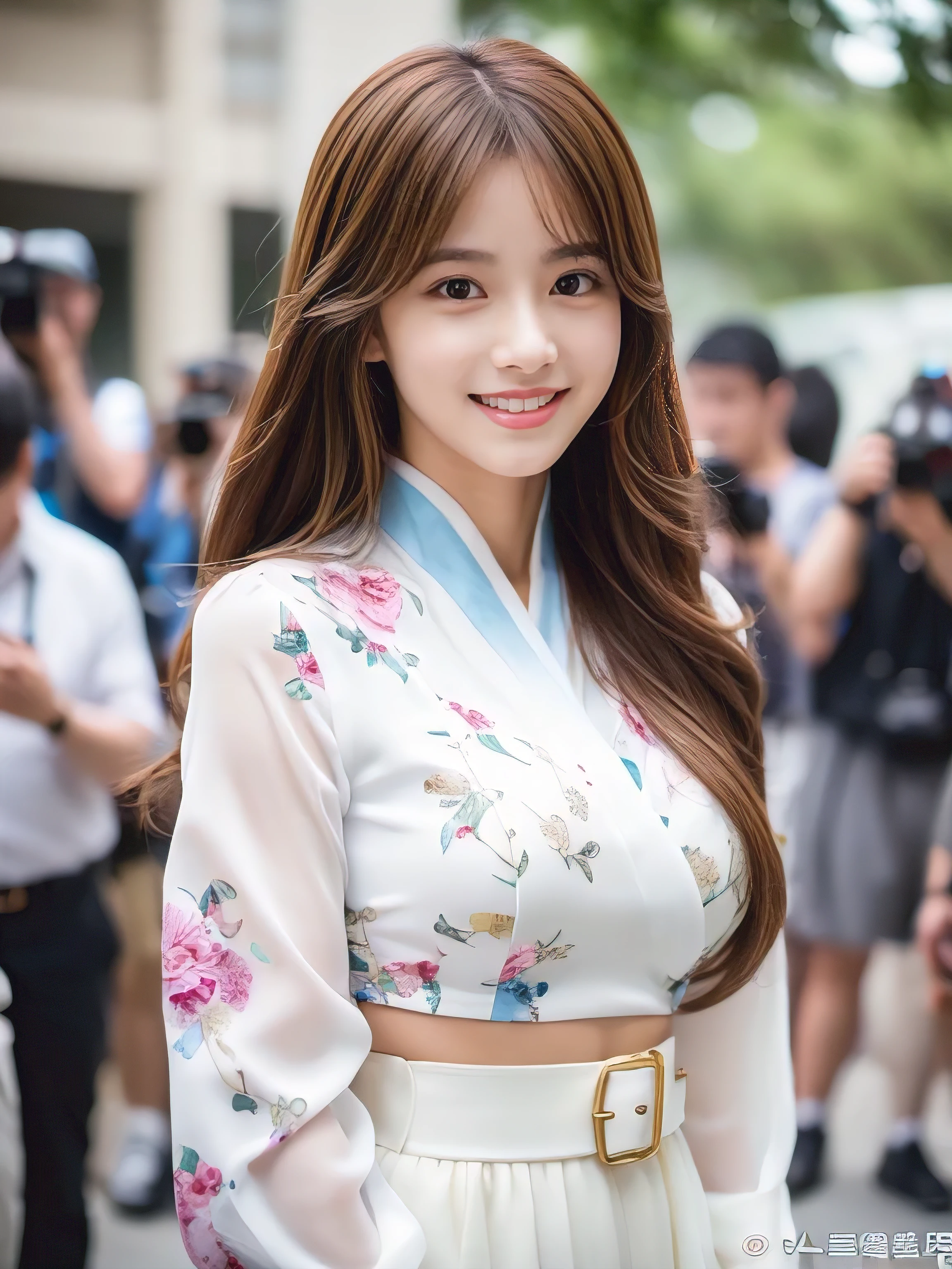 ((Highest quality, 8K, masterpiece: 1.3)), 1 Girl, smile, whole body, Slim face, Beautiful woman, ((Extra long brown hair:1.2))、wearing White floral Hanfu, Hanfu, high-waist, Nice belt, high-heels, Highly detailed face, Fine grain, double eyelid, Blurred Background, Slim face, full figure supermodel standing, entire body in frame、full body portrait、At the cosplay event venue、Larger breasts、Place your left hand gently on your chin，right hand holding her breast,Lots of photographers around、Surrounded by a crowd of photographers,k-popを踊る