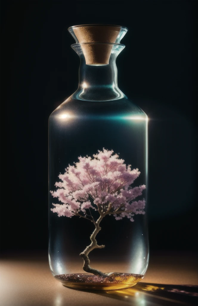 sakura tree in a bottle, fluffy, realistic, atmospheric light refraction, by lee jeffries nikon d850 film stock photograph 4 kodak portra 400 camera f1.6 lens rich colors hyper realistic lifelike texture dramatic lighting unreal engine trending on artstation cinestill 800, Style-Glass