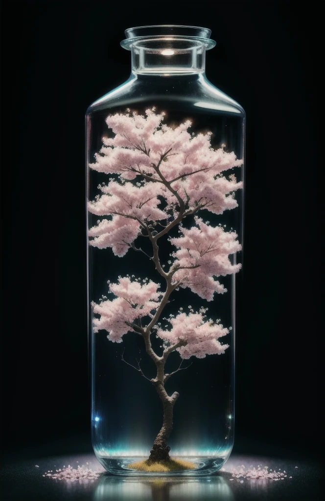 sakura tree in a bottle, fluffy, realistic, atmospheric light refraction, by lee jeffries nikon d850 film stock photograph 4 kodak portra 400 camera f1.6 lens rich colors hyper realistic lifelike texture dramatic lighting unreal engine trending on artstation cinestill 800, Style-Glass