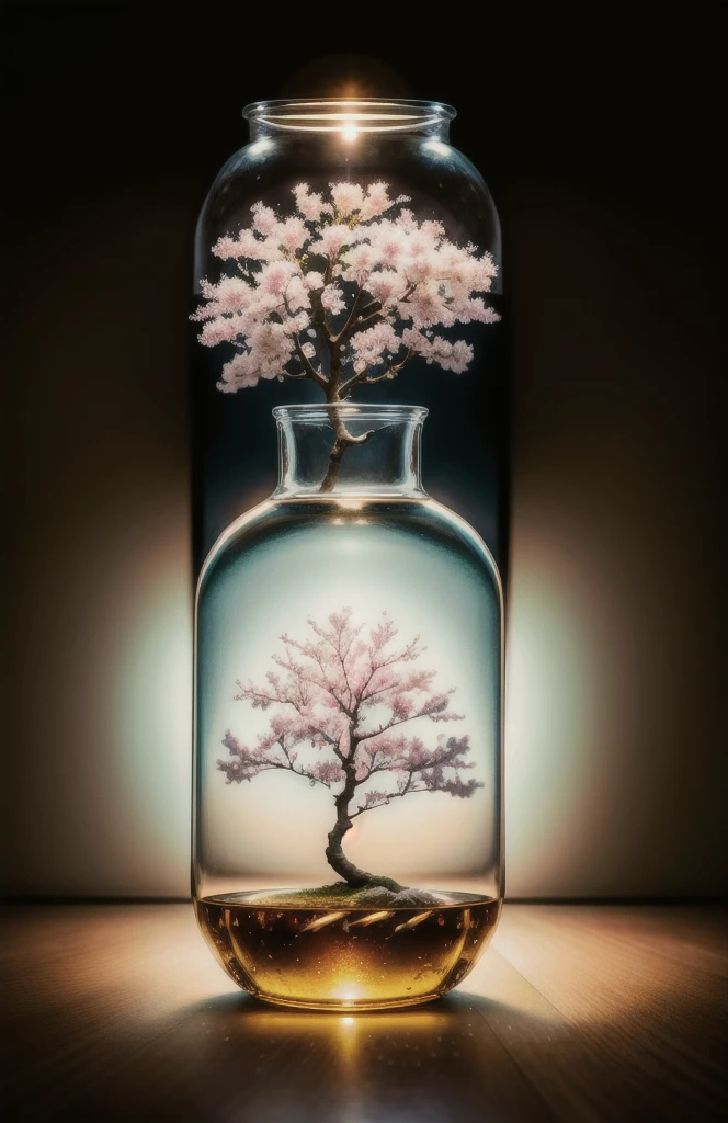 sakura tree in a bottle, fluffy, realistic, atmospheric light refraction, by lee jeffries nikon d850 film stock photograph 4 kodak portra 400 camera f1.6 lens rich colors hyper realistic lifelike texture dramatic lighting unreal engine trending on artstation cinestill 800, Style-Glass