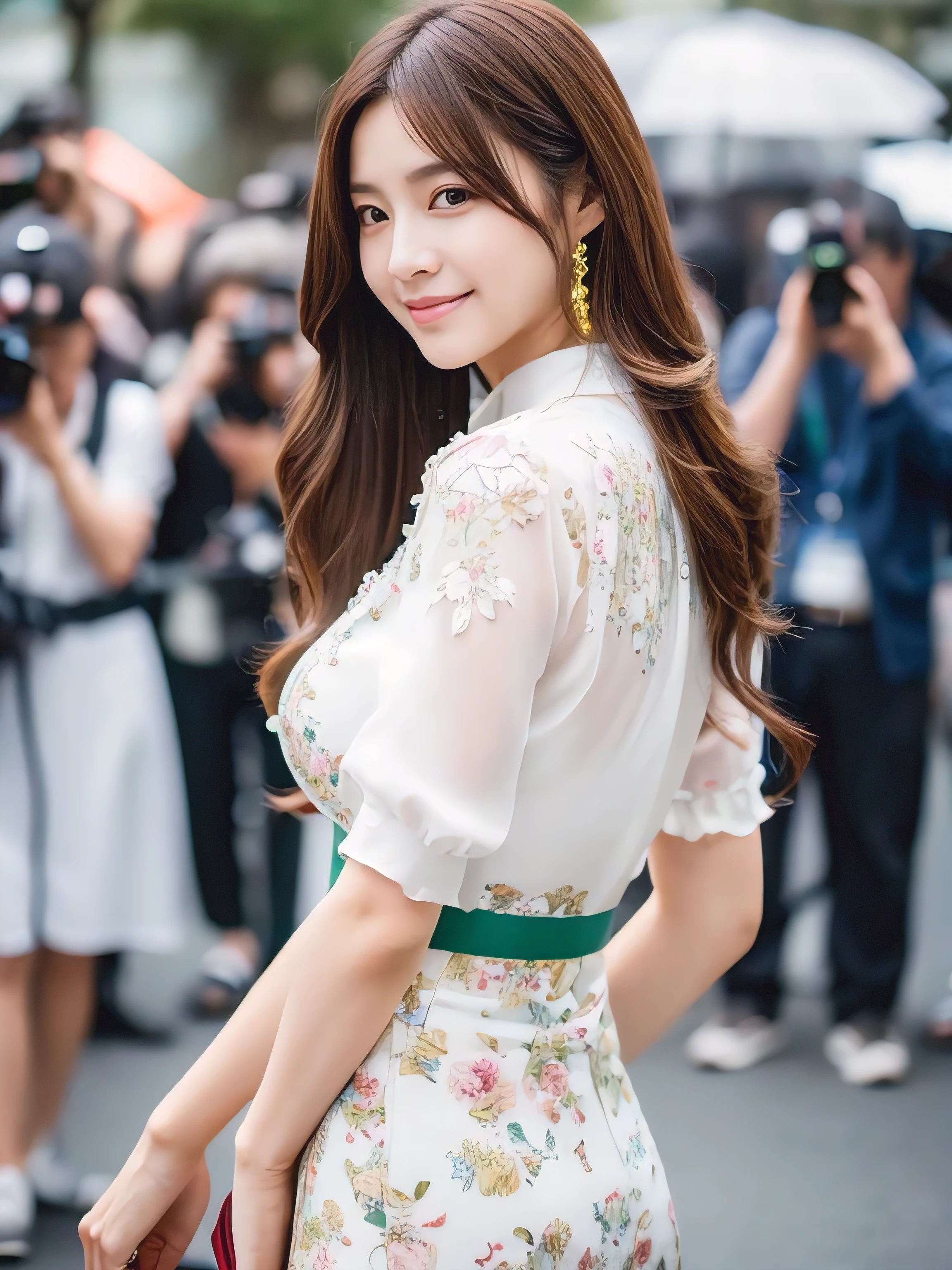 ((Highest quality, 8K, masterpiece: 1.3)), 1 Girl, smile, whole body, Slim face, Beautiful woman, ((Extra long brown hair:1.2))、wearing White floral Hanfu, Hanfu, high-waist, Nice belt, high-heels, Highly detailed face, Fine grain, double eyelid, Blurred Background, Slim face, full figure supermodel standing, entire body in frame、full body portrait、At the cosplay event venue、Larger breasts、Place your left hand gently on your chin,right hand holding her breast,Lots of photographers around、Surrounded by a crowd of photographers,k-popを踊る、Show long legs