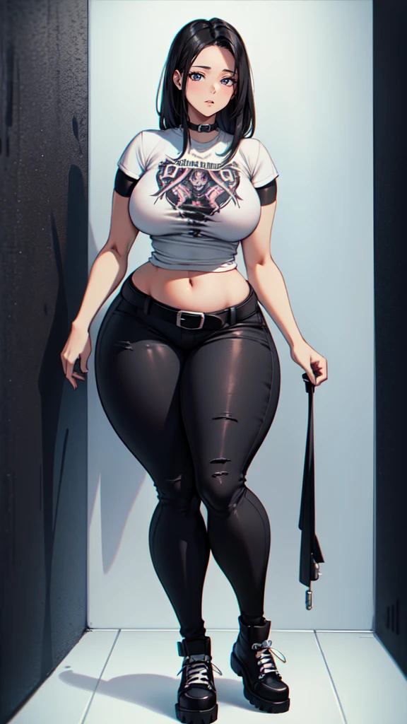 blank background, (((full body))), (masterpiece), ((best quality)), ((tall girl)), straight hair (curvy:1.5), (punk girl), shoes, belt below navel, black hair, wide hips, (black jeans), (short sleeves), arm tattoo