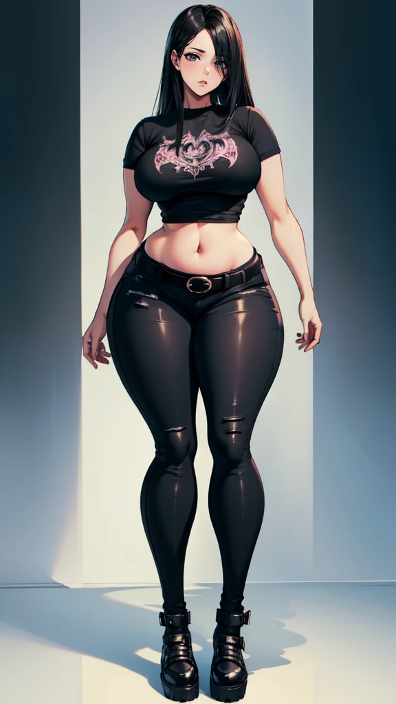 blank background, (((full body))), (masterpiece), ((best quality)), ((tall girl)), straight hair (curvy:1.5), (punk girl), shoes, belt below navel, black hair, wide hips, (black jeans), (short sleeves), arm tattoo