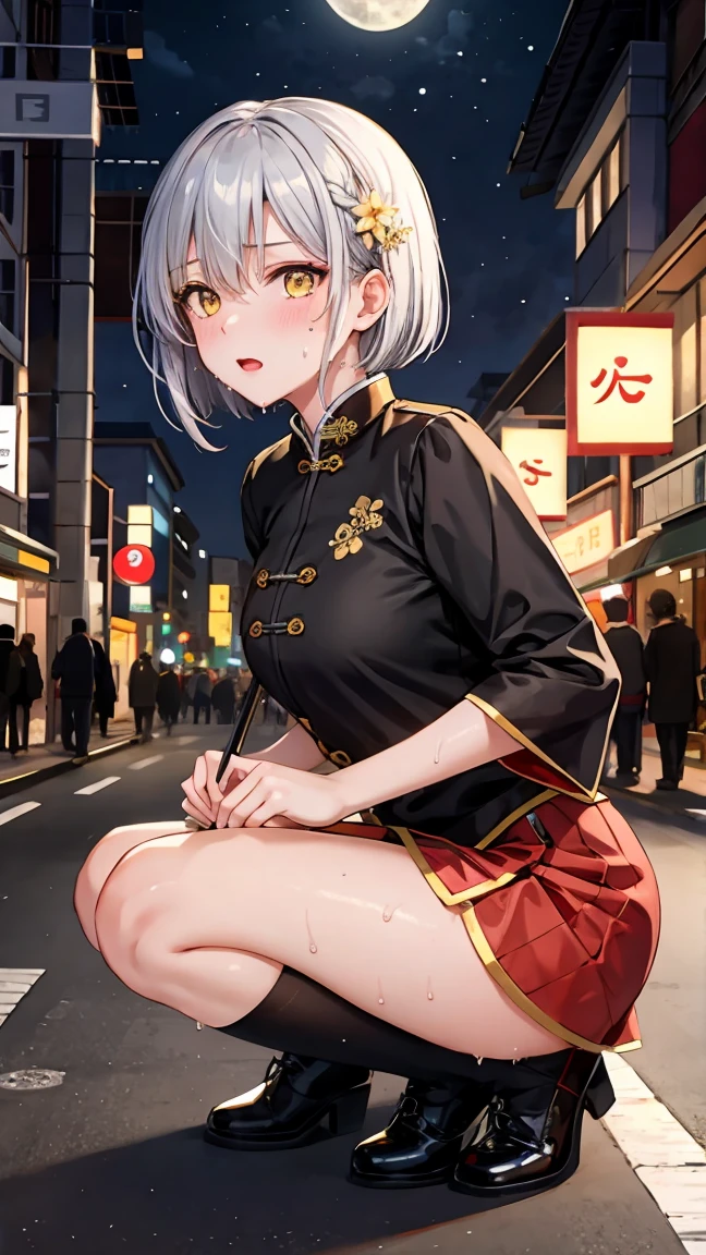 young girl , short silver bob hair, hair flower, sharp bangs between the eyes, yellow  eyes, eyes large, provocative look, obscene expression, notable physical features, traditional chinese imperial clothes black with gold details, red skirt, black thigh high socks., half-sided angle, crouched in the street. japanese city, outdoor city, city at night, with full moon in the background, light reflecting on the sexy and sweaty body. (((sweat))) (work of art:1.2,) (best qualityer.)