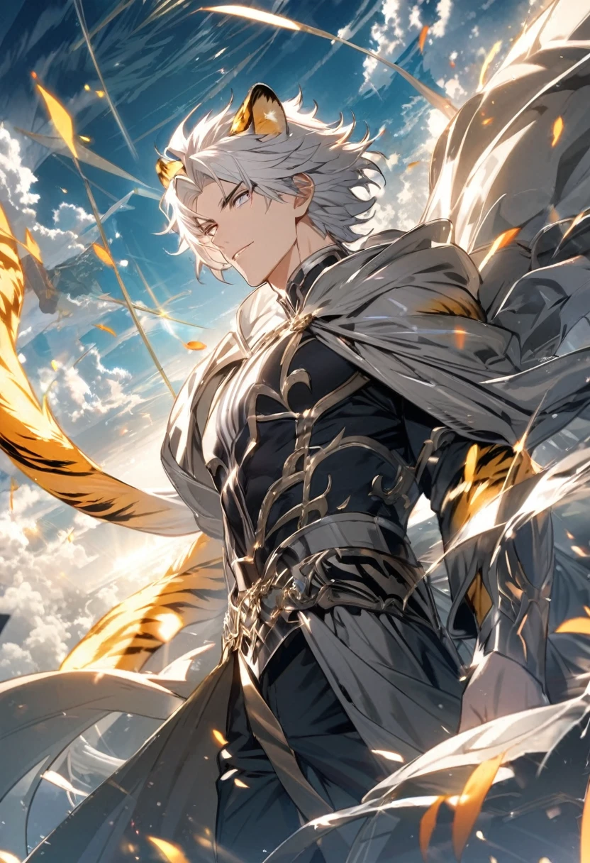 male, silver cloak, silver hair, parted bang, silver eyes, heaven, sky tiger, handsome, justice