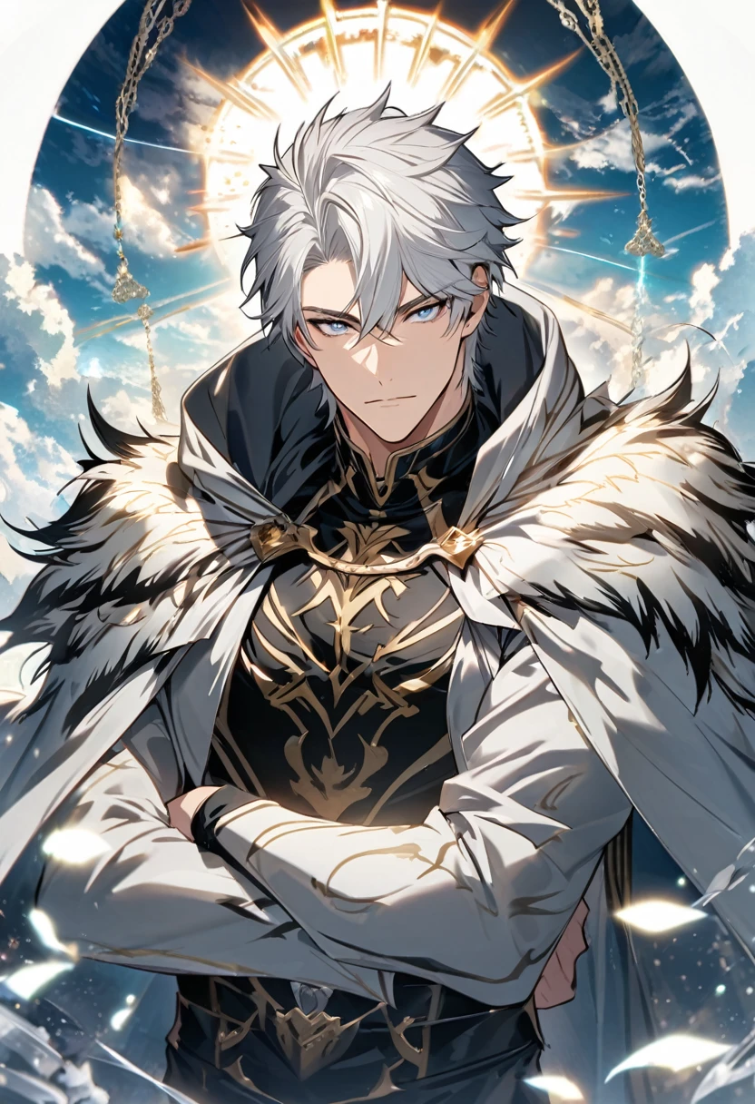 male, silver cloak, silver hair, parted bang, silver eyes, heaven, sky tiger, handsome, justice