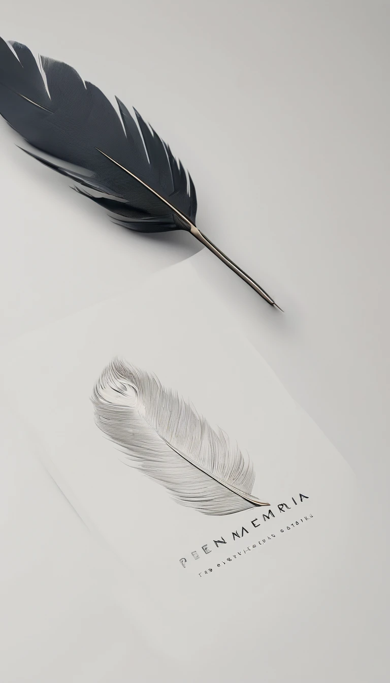 A minimal, modern, simple, cinematic logo design for the brand “Penamemoria". Create a modern, memorable, unique, minimalistic, high-quality,dreamy, fantastic, poetic, masterpiece logo design of a MEMORY FEATHER