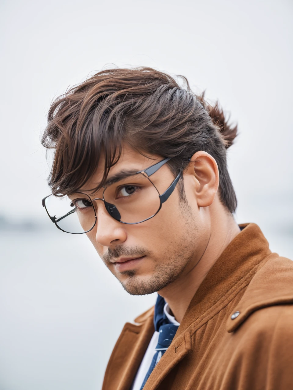 ((artistry)),((best qualityer)),8K, high détail, very detailled, Very manly, 1 52 year old man, calvo, brown color, chap, fashion pose, textura de pele realista, leve, Royal blue style jacket