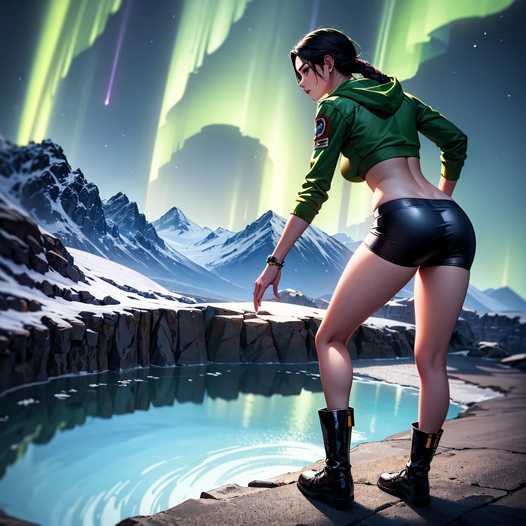 Generate Lara Croft climbing a gigantic,treacherous,steep cliff with snow from the side angle,full of life and danger at night in a Nordic mythology style landscape.add a real sense of vertigo for the depth.add green Aurora borealis with a tint of purple, add white crop top,midriff hoodie, a black, leather, shiny really tight and short shorts and black military boots with thick fur. add textures and a lot details. add forest, a huge mountains and lake in the background. make it very colorful in a way that inspire winter. Add a blizzard