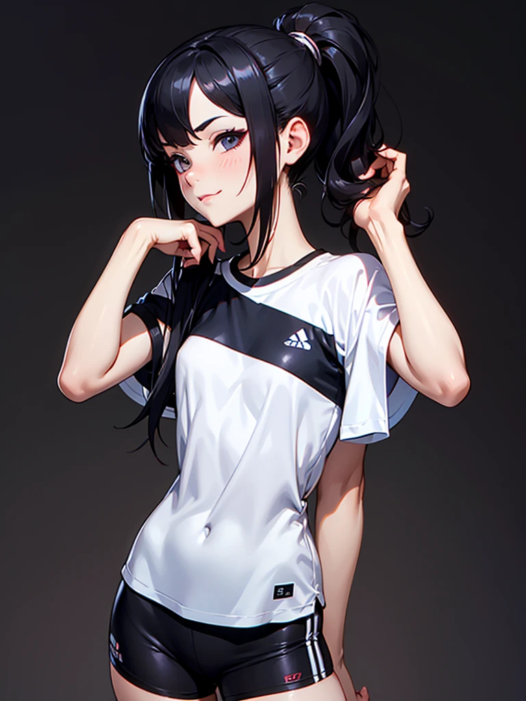 ((Half Body Photo)), She has a Childish Black-Haired Appearance, with a Small and Slim Build, and a  Demeanor. She has Light Gray Eyes, and Expresses a Mischievous and Playful Look, Giving Off an Outgoing Attitude and a Childlike Charm. Her Hair is Short and Tousled, Black-Red Gradient, Styled in a Short Ponytail. She Wears an Oversized T-Shirt Paired with Fitted Athletic Shorts. ((Half Body Photo, Dark Background))