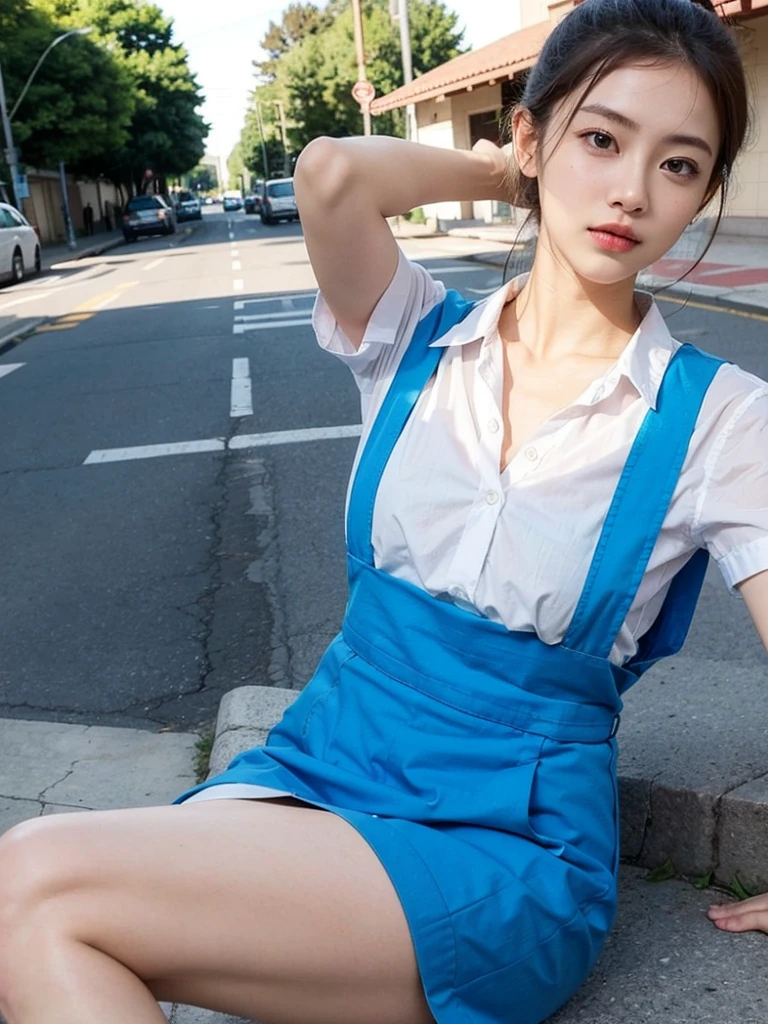 girl with pretty face, hair tied in ponytail, black or brown hair, white shirt, blue pinafore, uniform, school logo, tiny breast, flat chest, cleavage showing through her unbuttoned shirt, seductive face, frown, winking face, detailed armpit, legs spread wide, small , fully unbuttoned white shirt, opened shirt, panties pulled down to knee, show ass, middle of the street, in public, outside, armpits getting licked, armpit licking