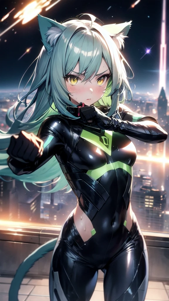 3girls, mature, long black white green hair, green eyes, blushing, wearing tight nano suit, night city, back suggestive posture, absurdres, high res, ultrasharp, 8K, masterpiece, looking at viewer