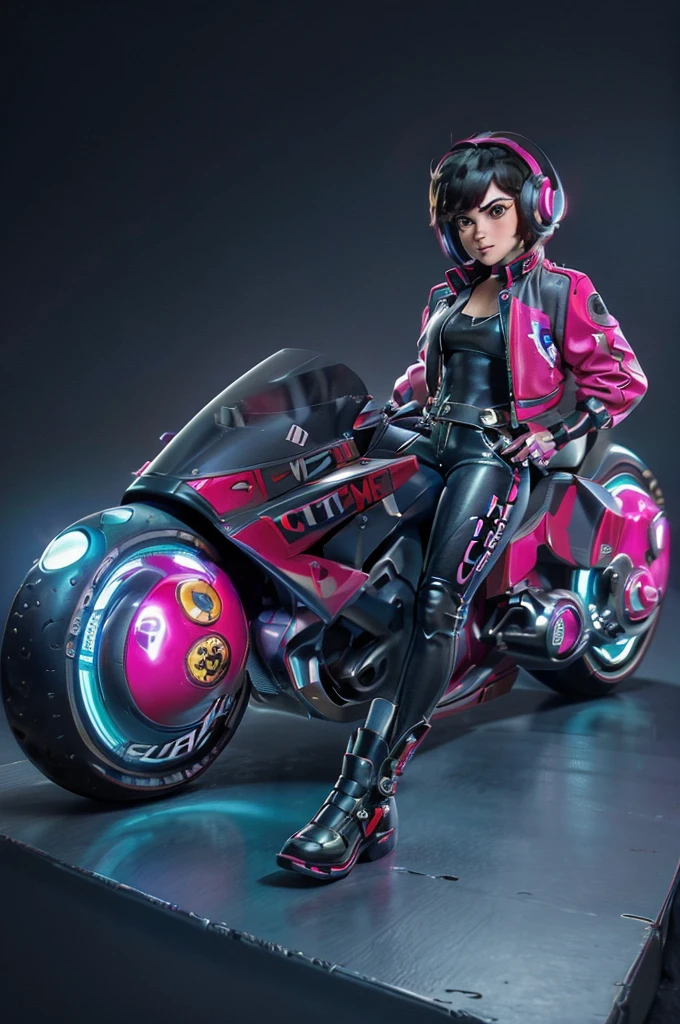 (masterpiece, best quality), female character sitting on a stationary motorcycle, cyberpunk style, leather jacket, Baggypants, short hair with vibrant highlights, confident expression, detailed futuristic motorcycle, neon accents, sleek design, high-tech elements.,