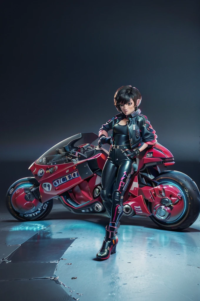 (masterpiece, best quality), female character sitting on a stationary motorcycle, cyberpunk style, leather jacket, Baggypants, short hair with vibrant highlights, confident expression, detailed futuristic motorcycle, neon accents, sleek design, high-tech elements., 